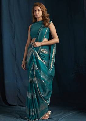 Teal satin foil work designer wedding saree 4