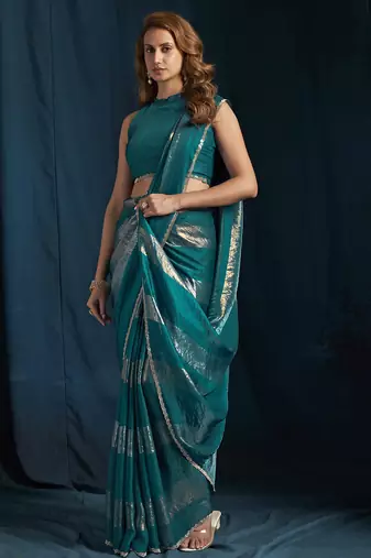 Teal satin foil work designer wedding saree