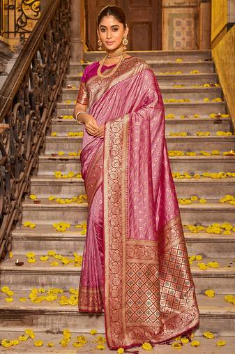 Onion pink banarasi silk blend saree with magenta zari border