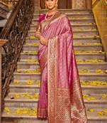 Onion pink banarasi silk blend saree with magenta zari border