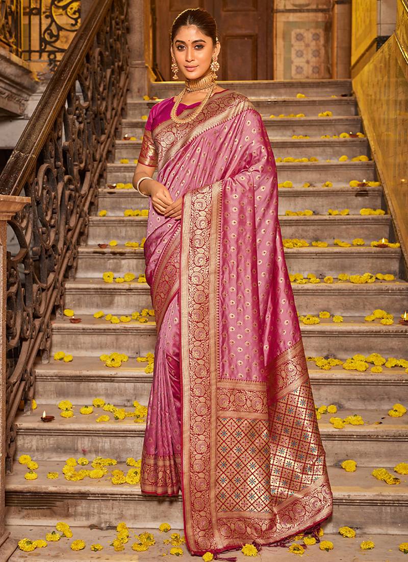 Onion pink banarasi silk blend saree with magenta zari border