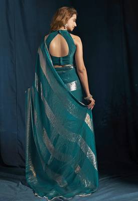 Teal satin foil work designer wedding saree 5