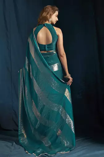 Teal satin foil work designer wedding saree