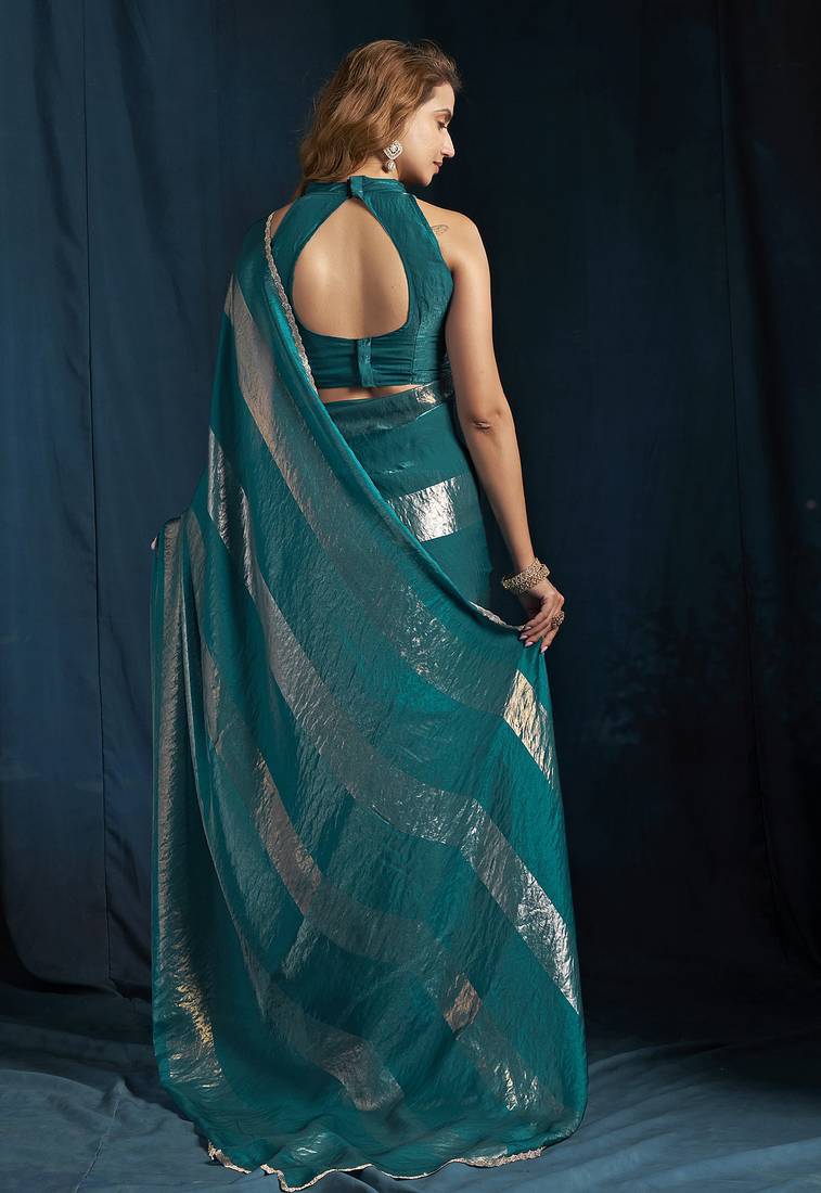 Teal satin foil work designer wedding saree