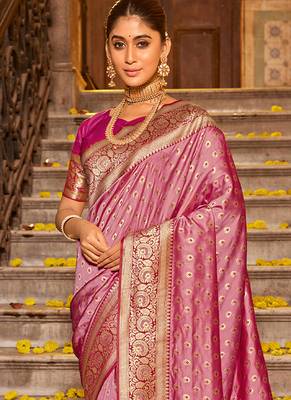 Onion pink banarasi silk blend saree with magenta zari border 2