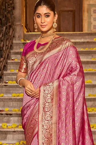 Onion pink banarasi silk blend saree with magenta zari border