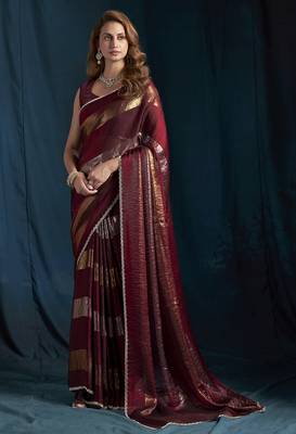 Maroon satin foil work designer wedding saree 1