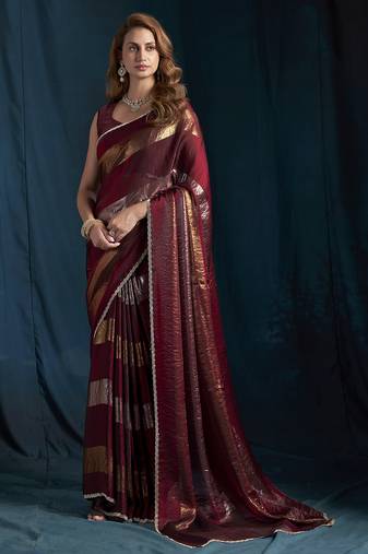 Maroon satin foil work designer wedding saree