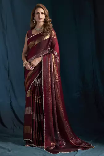 Maroon satin foil work designer wedding saree