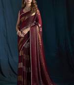 Maroon satin foil work designer wedding saree