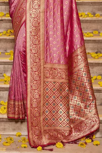 Onion pink banarasi silk blend saree with magenta zari border