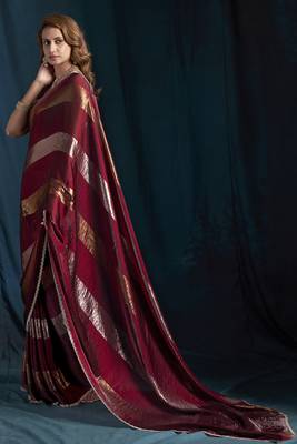 Maroon satin foil work designer wedding saree 2