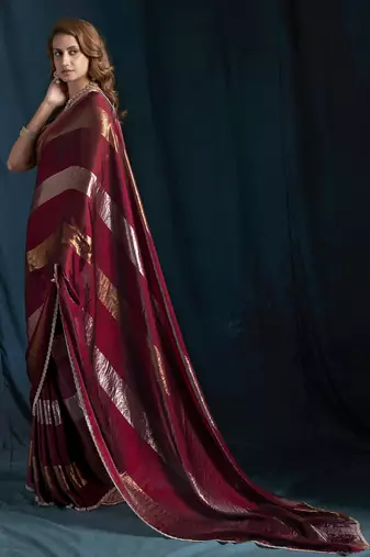 Maroon satin foil work designer wedding saree