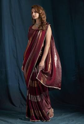 Maroon satin foil work designer wedding saree 3