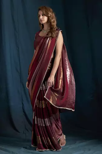 Maroon satin foil work designer wedding saree