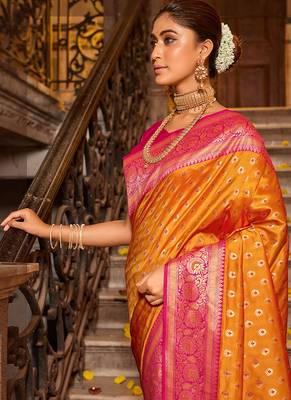 Orange banarasi silk blend saree with magenta zari border 2