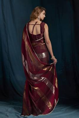 Maroon satin foil work designer wedding saree 4