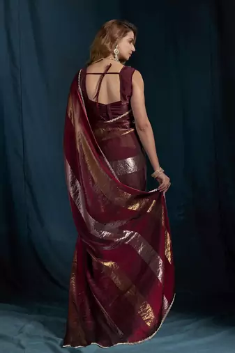 Maroon satin foil work designer wedding saree
