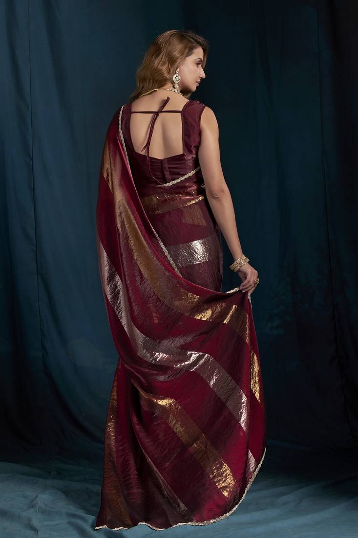 Maroon satin foil work designer wedding saree