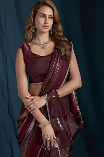 Maroon satin foil work designer wedding saree