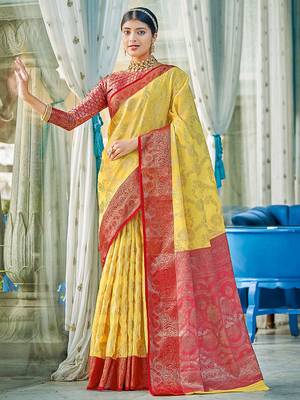 Yellow & red linen cotton blend saree with rich zari woven border 1