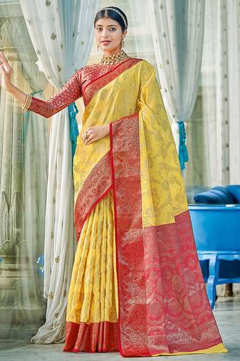 Yellow & red linen cotton blend saree with rich zari woven border