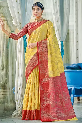 Yellow & red linen cotton blend saree with rich zari woven border