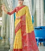 Yellow & red linen cotton blend saree with rich zari woven border