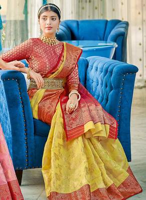 Yellow & red linen cotton blend saree with rich zari woven border 2
