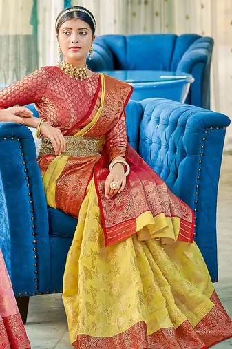Yellow & red linen cotton blend saree with rich zari woven border