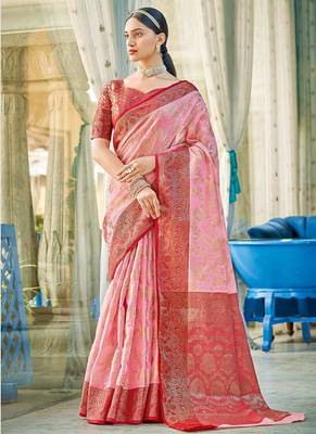 Light pink & red linen cotton blend saree with rich zari woven border 1