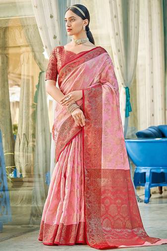 Light pink & red linen cotton blend saree with rich zari woven border