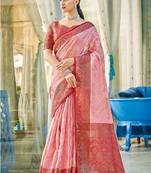 Light pink & red linen cotton blend saree with rich zari woven border