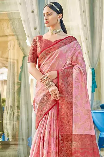 Light pink & red linen cotton blend saree with rich zari woven border