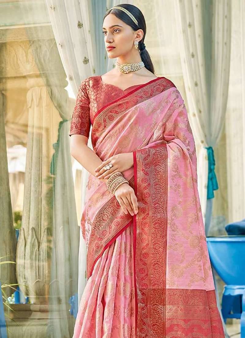 Light pink & red linen cotton blend saree with rich zari woven border