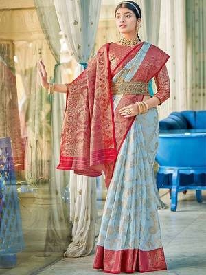 Sky blue & red linen cotton blend saree with rich zari woven border 1