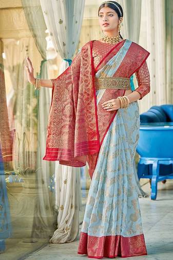 Sky blue & red linen cotton blend saree with rich zari woven border