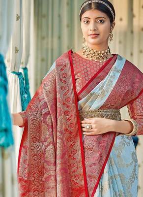 Sky blue & red linen cotton blend saree with rich zari woven border 2