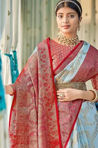 Sky blue & red linen cotton blend saree with rich zari woven border