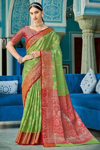 Green & red linen cotton blend saree with rich zari woven border