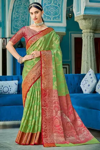Green & red linen cotton blend saree with rich zari woven border