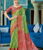 Green & red linen cotton blend saree with rich zari woven border