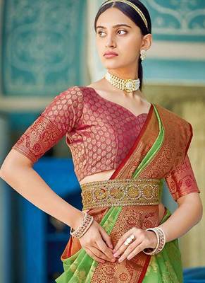 Green & red linen cotton blend saree with rich zari woven border 2