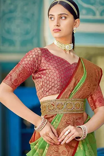 Green & red linen cotton blend saree with rich zari woven border