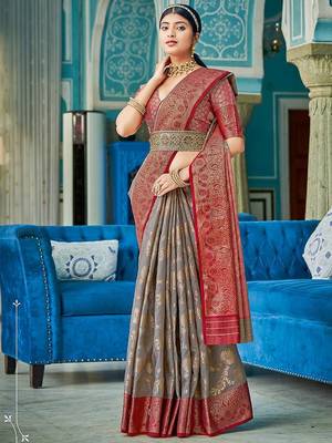 Grey & red linen cotton blend saree with rich zari woven border 1