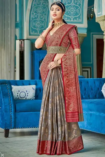 Grey & red linen cotton blend saree with rich zari woven border