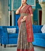 Grey & red linen cotton blend saree with rich zari woven border