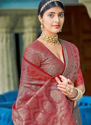 Grey & red linen cotton blend saree with rich zari woven border 2