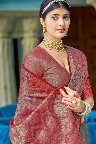 Grey & red linen cotton blend saree with rich zari woven border