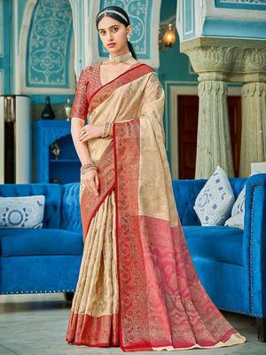 Cream & red linen cotton blend saree with rich zari woven border 1